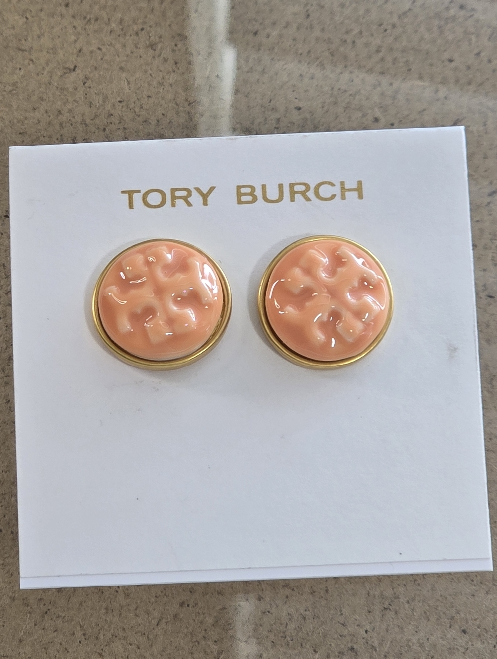 Tory Burch Gold-Tone Peach Enamel Logo Button Earrings